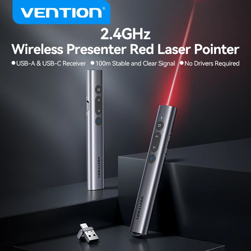 Vention 무선 레이저 포인터 프리젠터, 맥북 안드로이드 프로젝터용 프레젠테이션 펜, 100m, 2.4Ghz, USB C 타입, PPT 펜