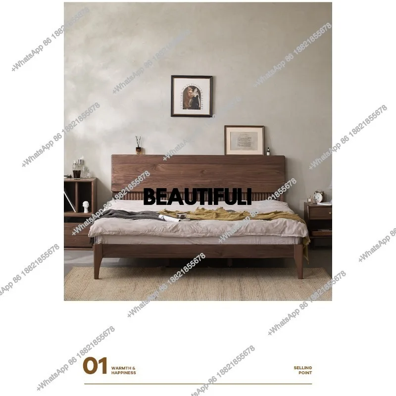 Nordic full solid wood bed, North American black walnut furniture, master bedroom, double queen bed, vintage