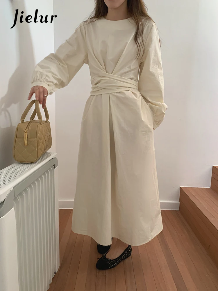 Jielur Autumn New Solid Color Slim Woman Dress Sweet Elegant Lady Women Dress Simple Basic Apricot Coffee Color Dresses Female