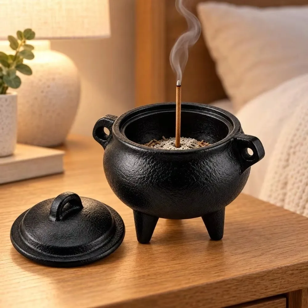 Black Mini Cauldron Incense Holder,Cast Iron Vintage Gothic Decor With Lid,Three Foot Aroma Burner For Home Decoration,Dark Style Room Accessories,Desktop Ornament For Bedroom,Shelf,Office,Party Decoration And Halloween Inspired Interior