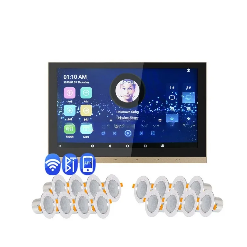 10 Inch WiFi BT Android System Touch Screen 8*25W Multi CH Home Theatre Audio System In Wall Amplifier with 16 Ceiling Speaker