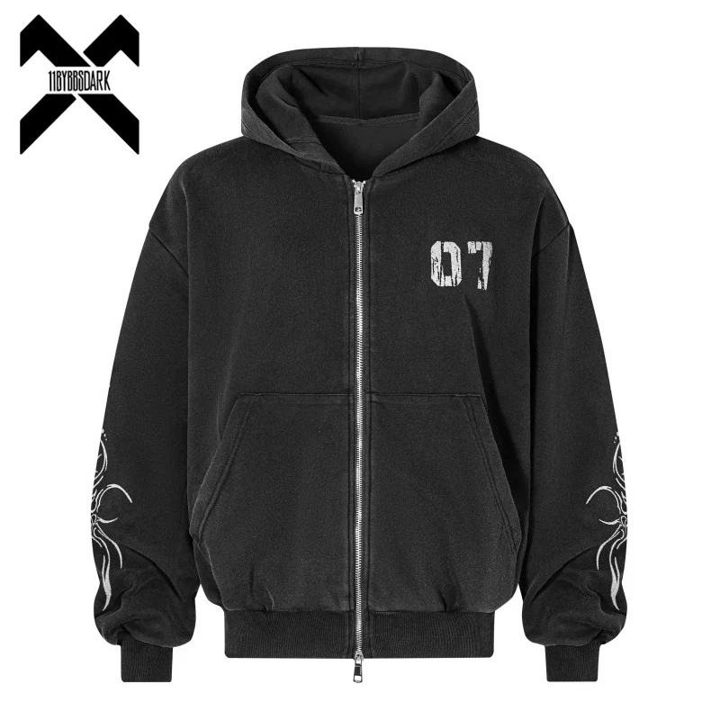Dark High Street Zip-Up Hoodie for Men Embroidered Vintage Washed Loose Fit Gothic Coat Streetwear