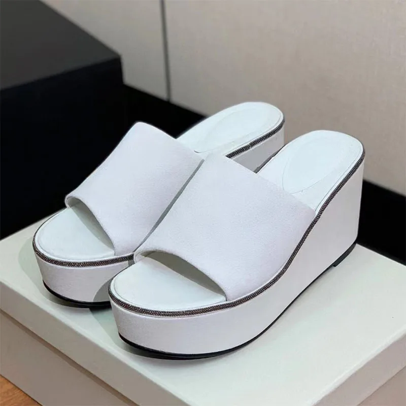 

New Wedged Heels Slippers For Woman Suede String Bead Thick Sole Slides Women Summer Outdoors High Heels Peep Toe Slippers Women