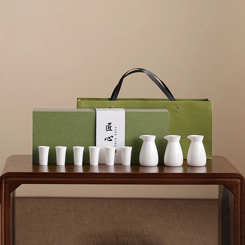 

Elegant Chinese Ceramic Liquor Set Gift Box 3 Flasks 6 Cups Traditional Baijiu Serving Set For Luxury Home Bar & Gourmet Gifting