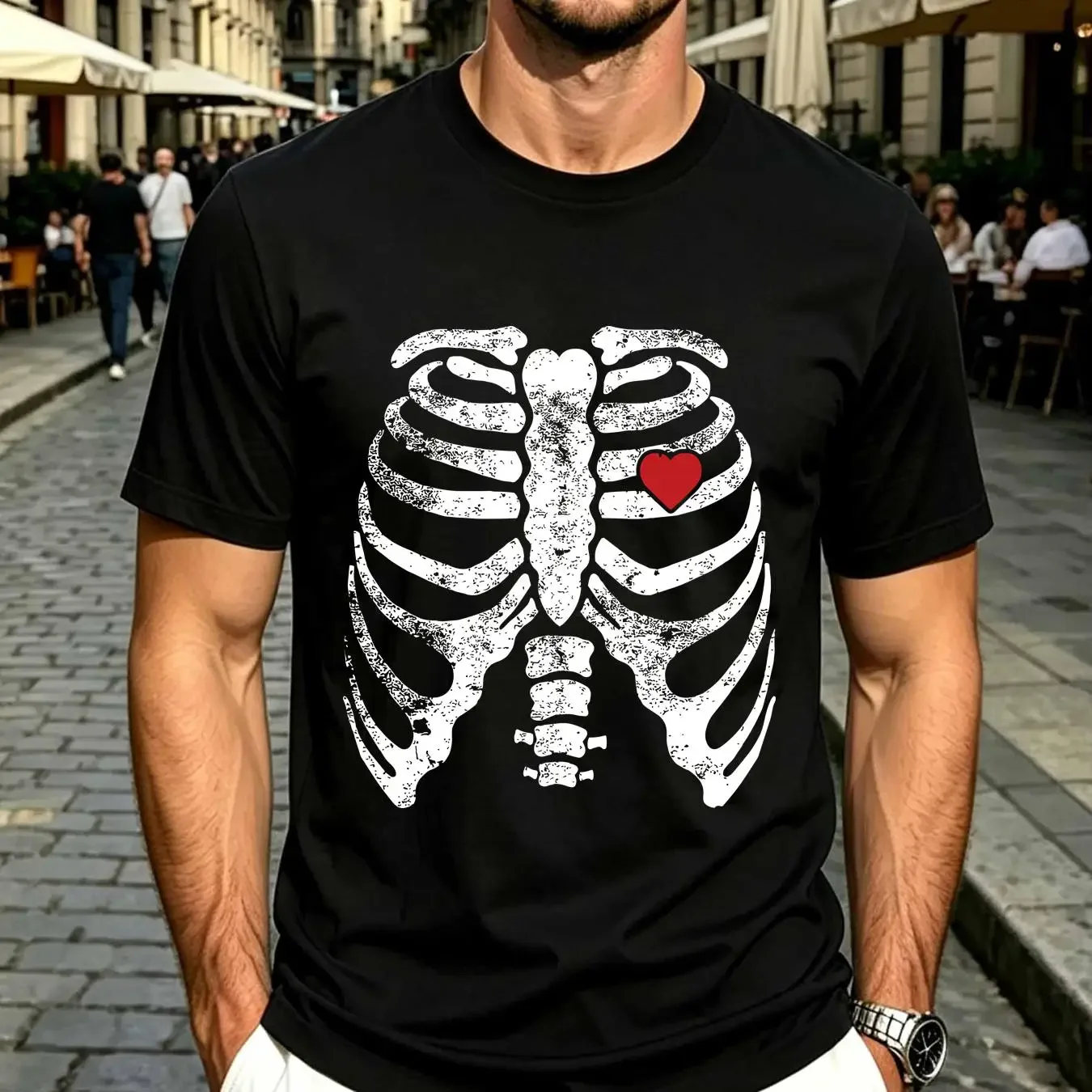 washed T Shirt Skeleton Heart Rib Cage X Ray Adult Kids Funny Halloween long or short sleeves vintage Washed Breathable Casual