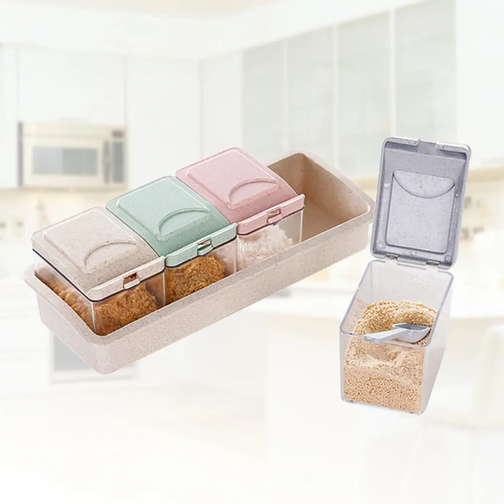 Contenedor de Almacenamiento de Especias de Paja de Trigo Natural de 4 Secciones, Caja de Condimentos a Prueba de Olores y Polvo para Ajo, Mostaza en Polvo y Caldo de Pollo