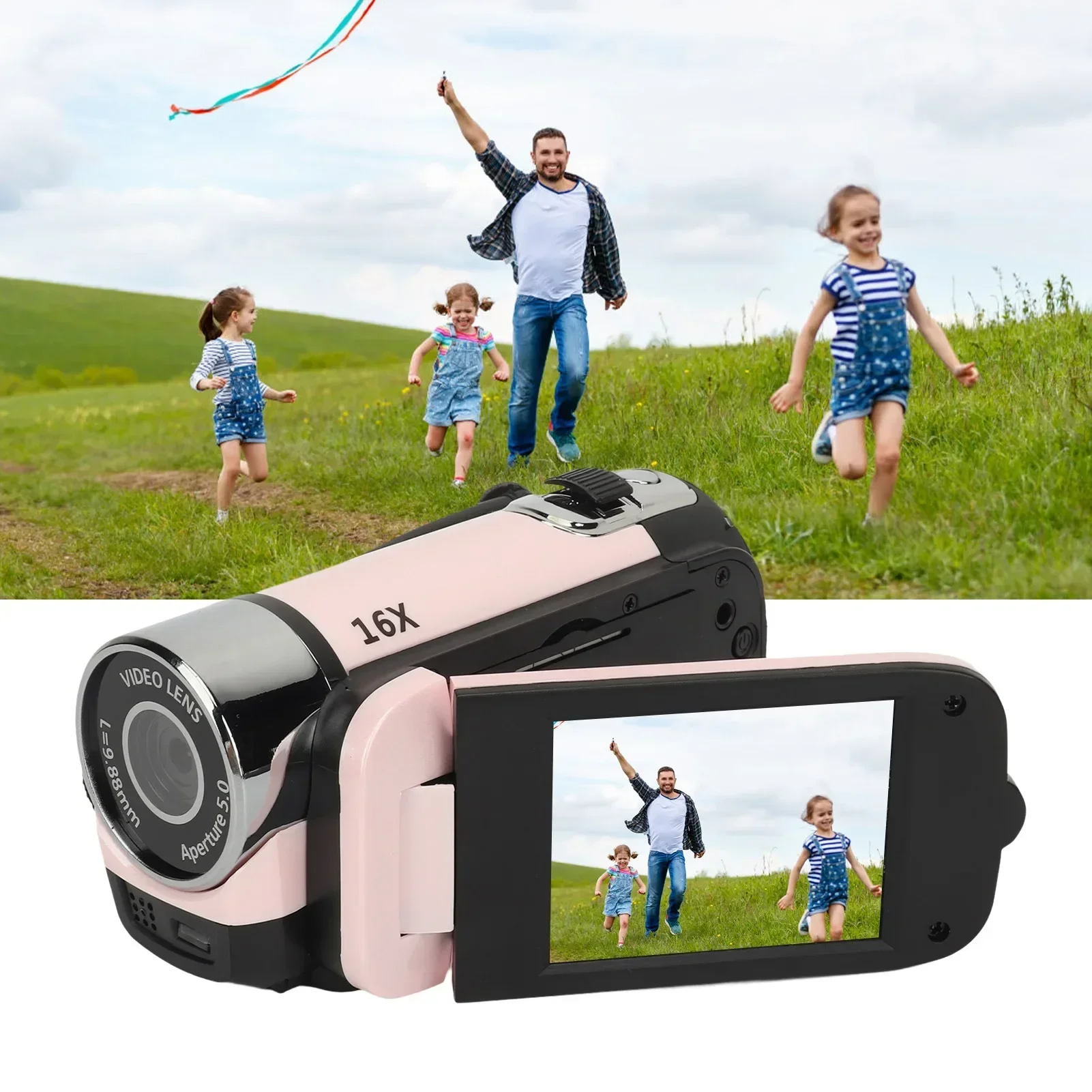 2.4 인치 회전식 스크린 캠코더, D90 1080P 16MP 디지털 카메라, 16X 줌 HD 비디오 녹음기, 필 라이트 핑크 포함