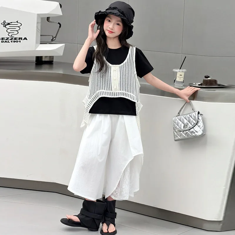 

Girls' Summer Thin clothing Set 2026 New Style Fashionable Hollow Lace Sleeveless Top Wide Leg Pants