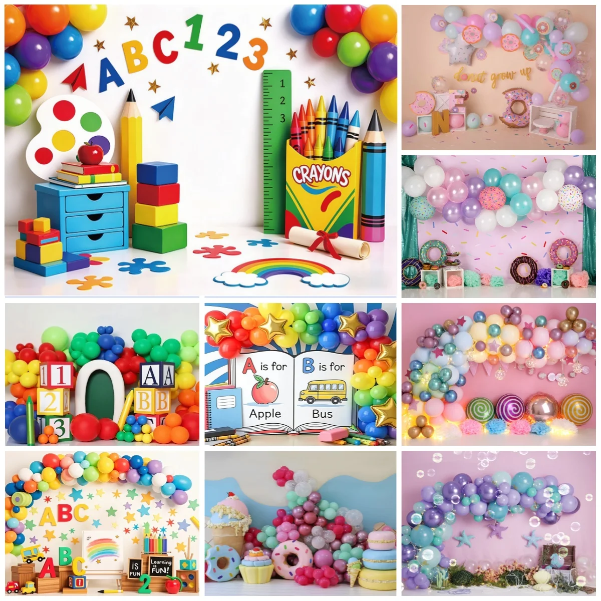 Back To School Kids photography backdrop ABC Balloon First Birthday Party Background Decor Toddler Photoshoot Cake Smash Props