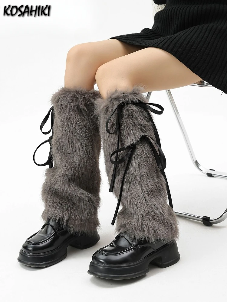 Y2k Vintage Faux Fur Leg Warmers Sexy Girl Harajuku Winter Warm Furry Boots Cover Socks Jk Punk Hiphop Cosplay Accessories