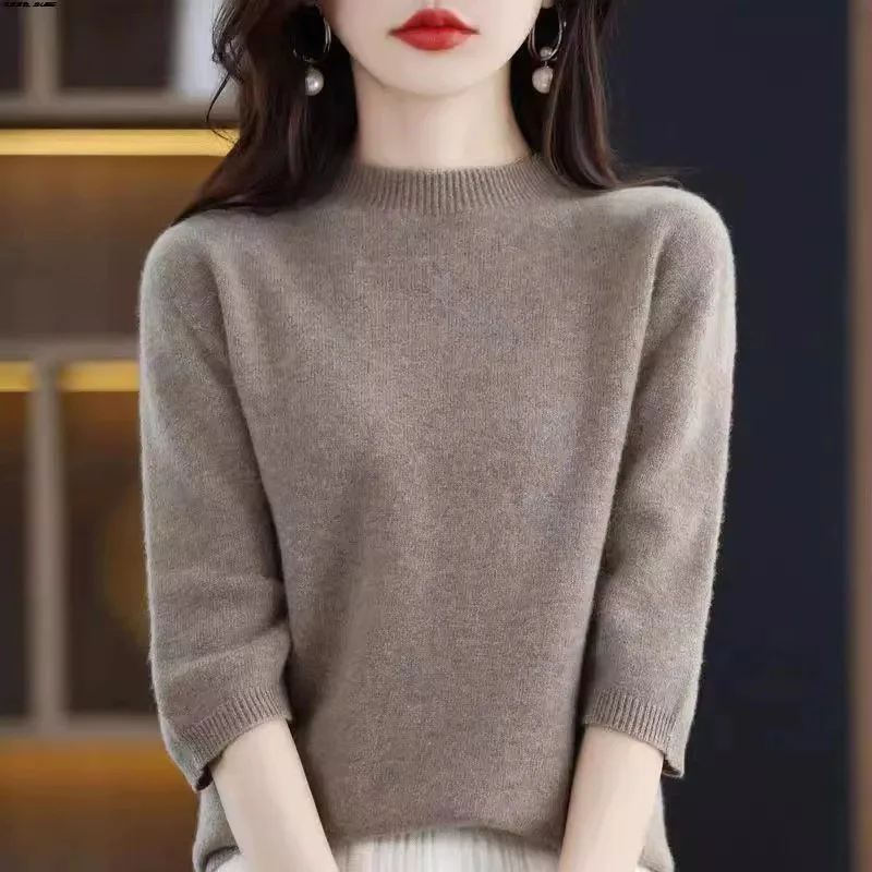 2026 New Soft Short Sleeve Women's Half High Neck Overhead Wool Blend Simple Loose Thin Seven Sleeve Wool Sweater
