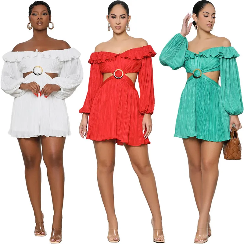 Sexy Off The Shoulder Ruffles Bodysuit Women Long Sleeve Skinny Ruched Playsuit Elegant Party Club One-pieces Festival Outfits