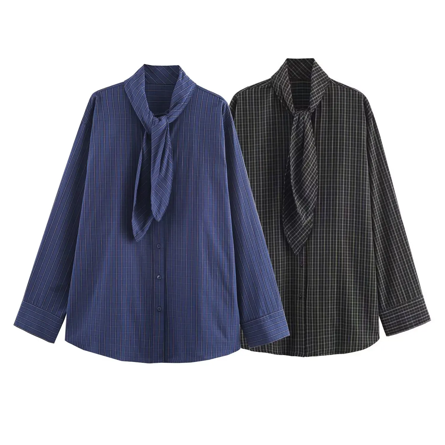 

Woman Spring Fashion Long Sleeves Scarf Collar Plaid Decoration Loose Shirt Female Casual Versatile Commuting Style Tops