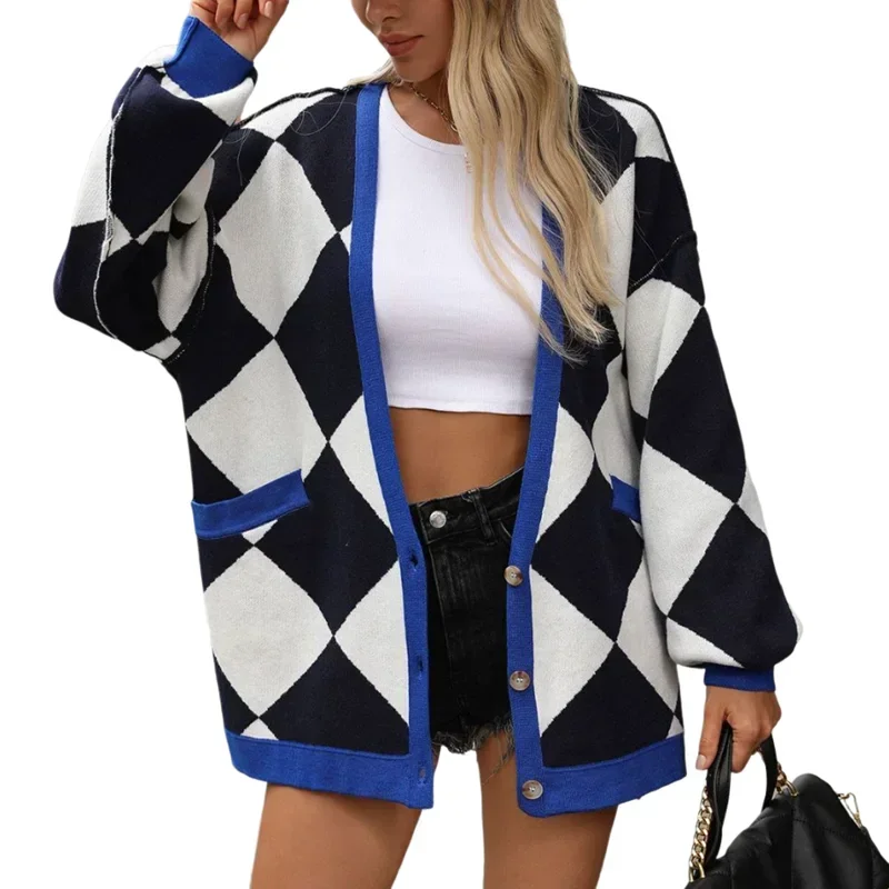 

New Fashion Women's V-neck Splicing Color Cardigan Women's Open Knitted Sweater Women's Long Sleeve Loose Knitted Coat Sweater