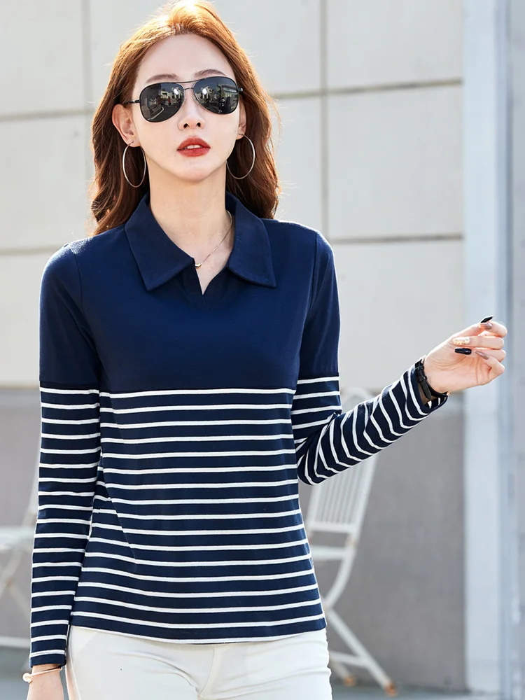 New Women Cotton Striped T-shirt Spring Autumn Fashion Turn-down Collar Long Sleeve Loose Polo Tees Simplicity Casual T-shirt