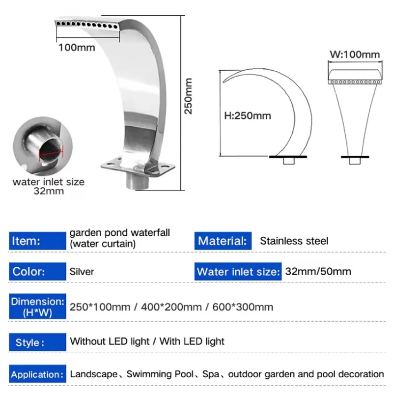 STLF Aço Inoxidável 304 Fonte Cachoeira Externa Piscina Derramado Cachoeira