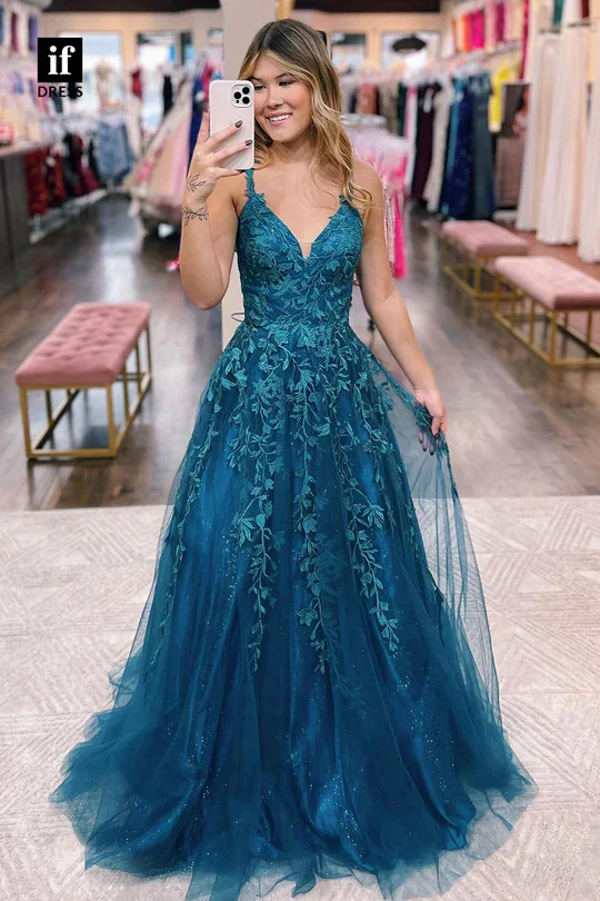 Xijun Glitter Blue Evening Dresses Lace Party Dresses Prom Dress Spaghetti Strap A-Line Prom Gowns Flower Appliques 2023 V-Neck