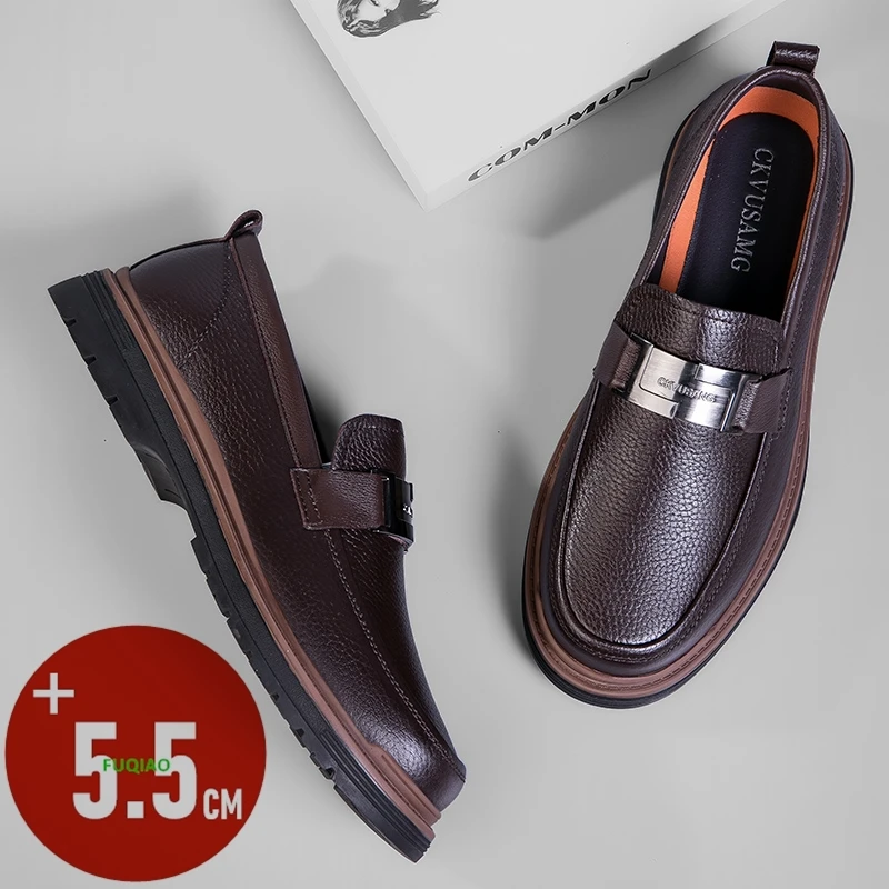 

Genuine Leather Mens Loafers Flat/5.5cm Invisible Height Increase Elevator Shoes Business Casual Comfortable Slip On Dress Shoes