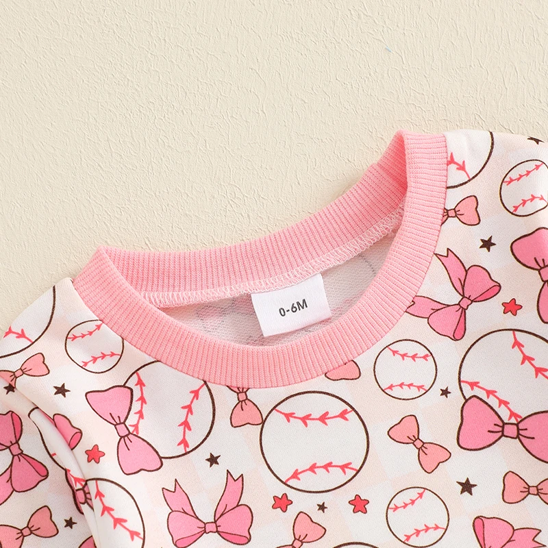 Roupa de 2 peças para bebês meninas, moletom com estampa de laço, manga comprida, gola redonda e calça de moletom com cintura elástica, roupas de outono