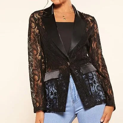 Women Sexy Tailored Coat Lace Spliced Sheer Hollow Out Jackets Blazer Button Long Sleeve Elegant Coats Turn Down Collar