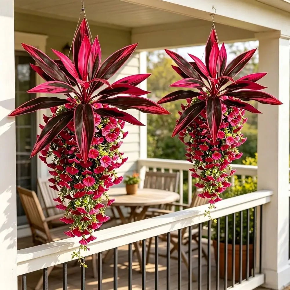 UV Resistant Artificial Dracaena Morning Glory Hanging Vine Lush Leaves Real Touch Fake Trailing Petunia Floral Plant