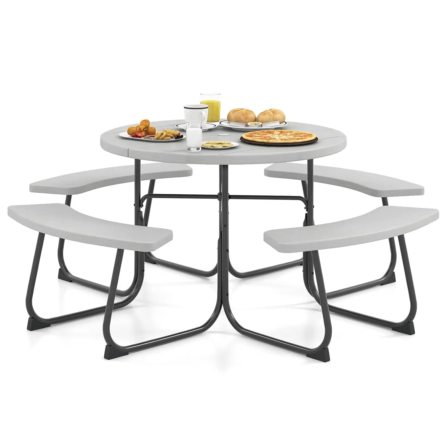8-Person Picnic Table Bench Set with Umbrella Hole, 43” Outdoor Dining Table w/4 Benches, Wood-Like Texture Tabletop