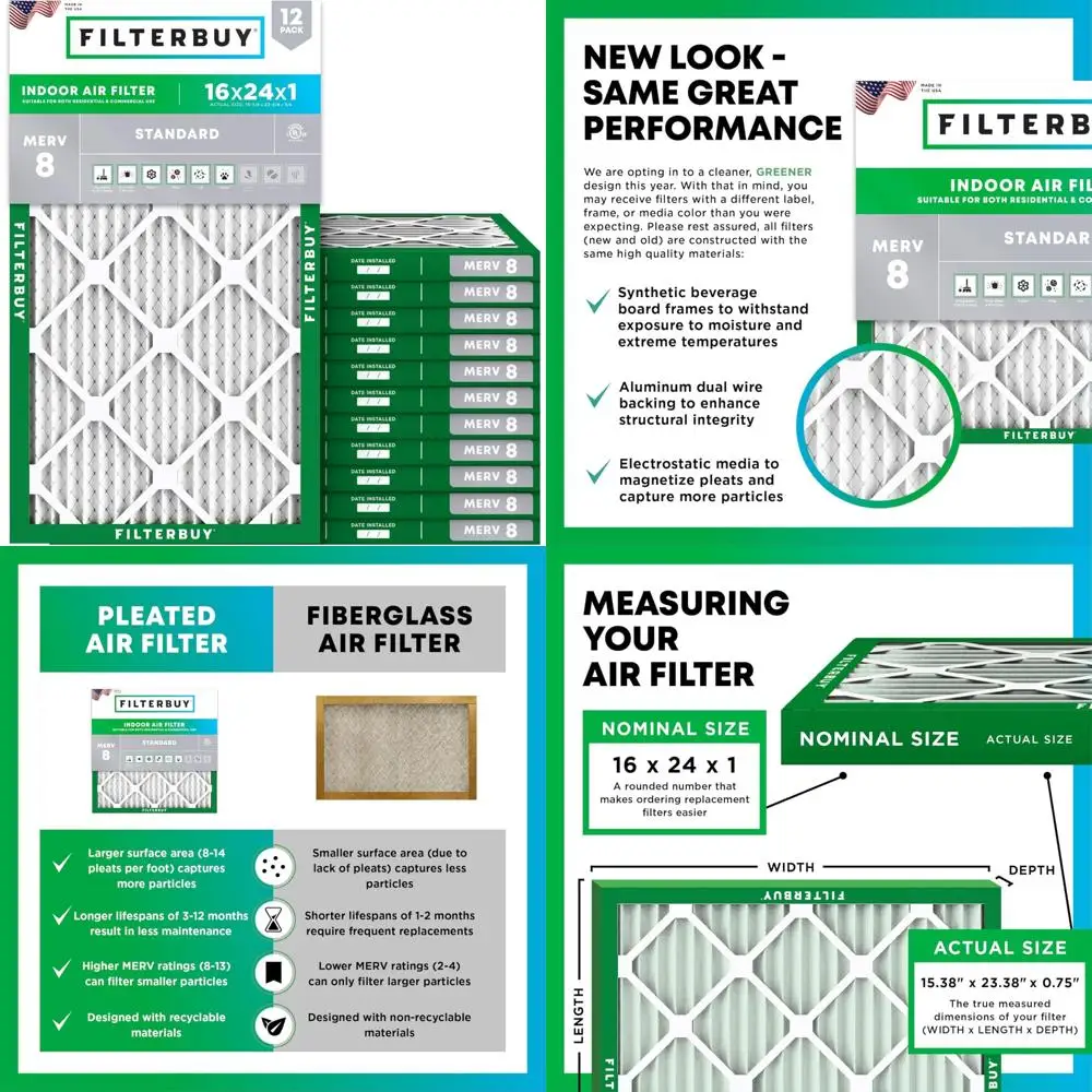 

Electrostatic Pleated Air Filters MERV 8 MPR 700, 16x24x1 Replacement HVAC AC Furnace Filters, Dust Defense 12-Pack