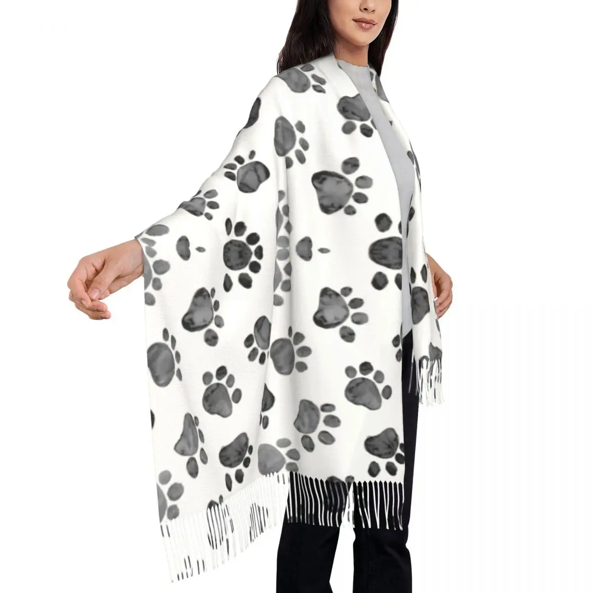 Cat Paw Print Scarf Women Men Stylish Winter Fall Shawl Wraps Dog Paws Prints Animal Tassel Wraps