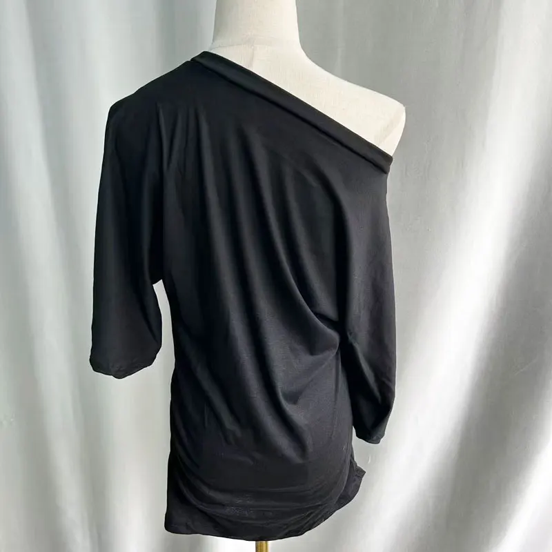 Kimotimo Irregular Off Shoulder T-shirts Women 2026 New Simple Solid Folds Design Tops Korean Lazy Versatile Short Sleeve Tees