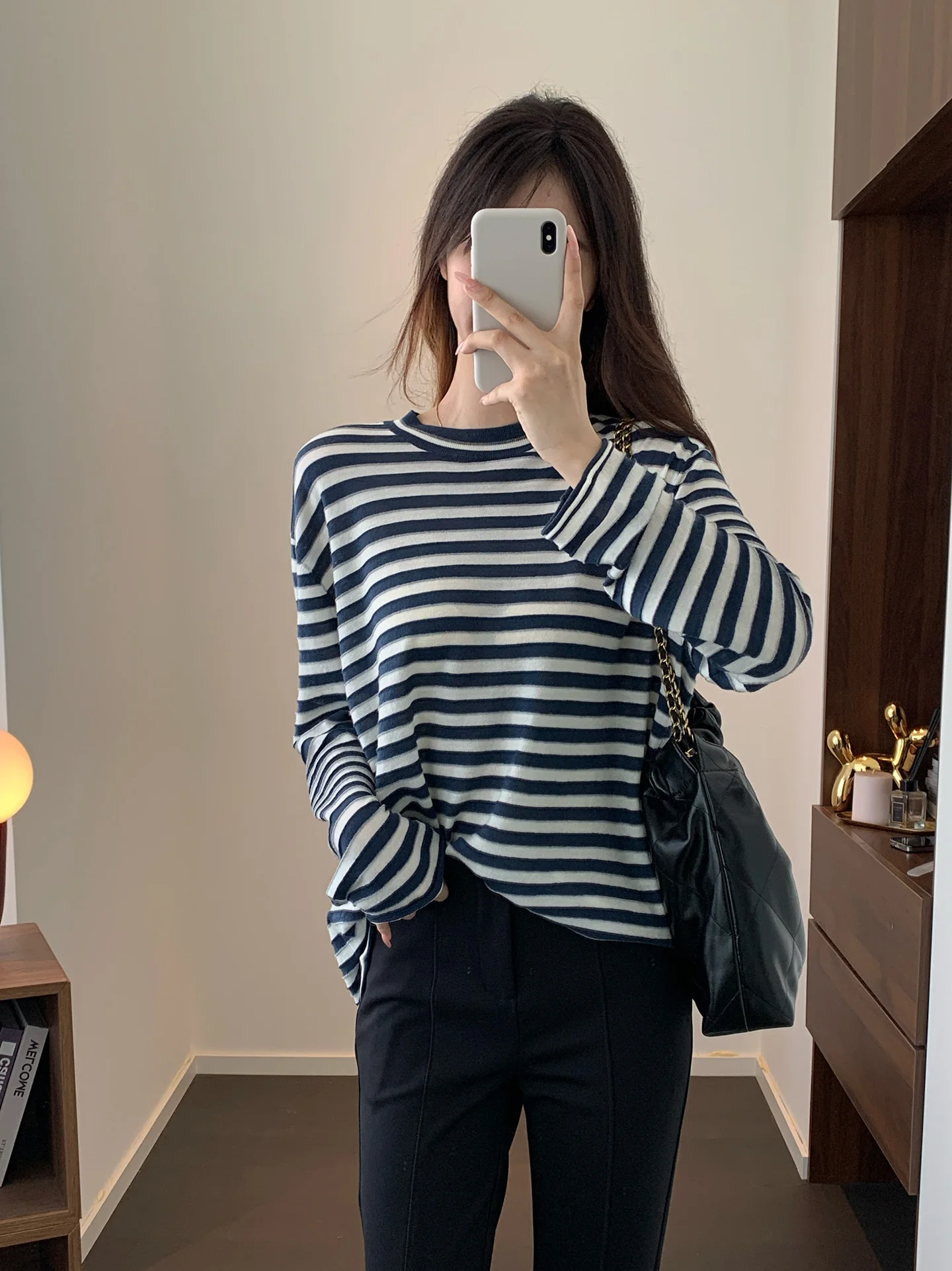 

Color Blo Stripes! Ultra Fine Wool Knitted Long Sve round Ne Comfortable Anti Aging Loose Fit Versatile Sweater Top