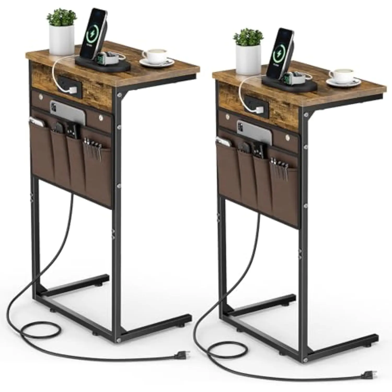 

C Shaped End Table with Charging Station, Set of 2, 28 Tall Side Table for Couch, Small Slide under Sofa Table with Storage Ba
