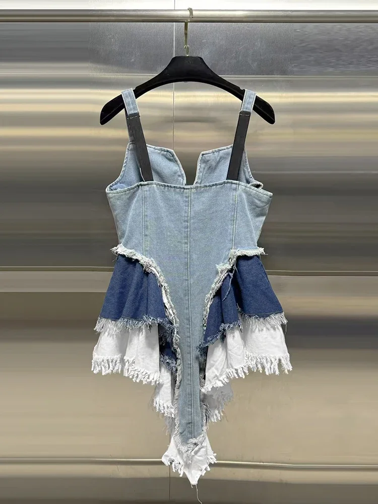 VGH Hit Color seksowny patchworkowy zamek błyskawiczny z przodu kamizelki dżinsowe dla kobiet kwadratowy kołnierzyk bez rękawów łączonych falbanki Streetwear kamizelka kobieta