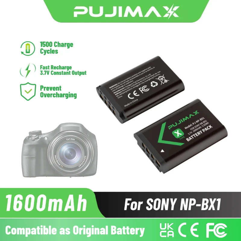 PUJIMAX 1600mAh for NP-BX1 Battery for Sony ZV-1 HX400 300 50 60V FDR-X3000 HDR-AS100V GWP88 DSC RX1 RX1RII WX300 AS15 Camera