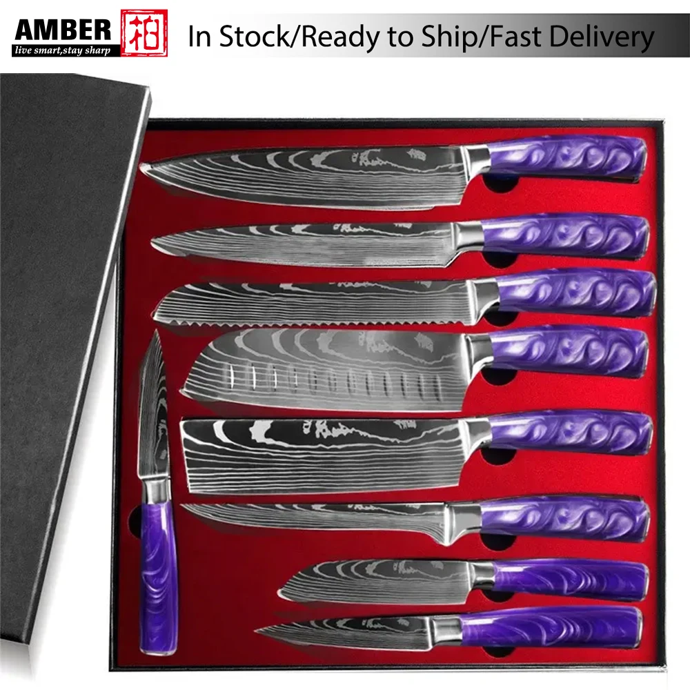 Amber Damascus Laser Pattern Resin Handle Chef Knife High Carbon S/S 4Cr13 Kitchen Knife Set Santoku Knife in Purple color HD