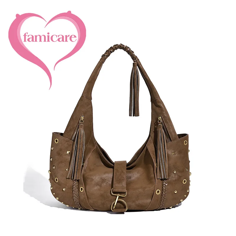Punk Industrial Multi-element Vintage Motorcycle Bag | 2025 New Style Distressed PU Leather Underarm Bag Edgy Girls Commute Tote