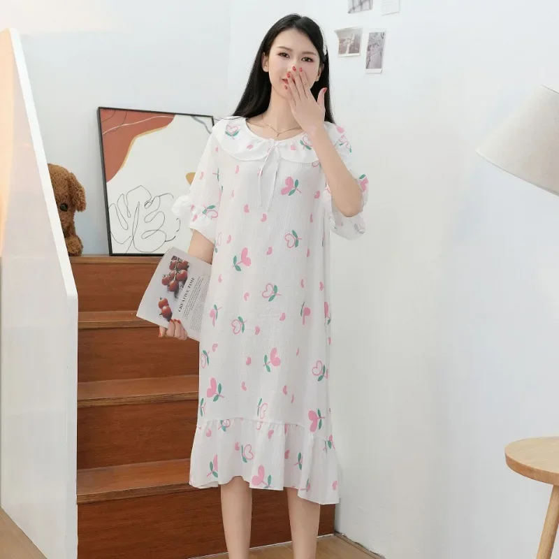 Lässige Homewear Cloud Baumwolle Nachthemden Frauen Frühling Sommer dünne kurz ärmel ige große Schlaf hemden Rüschen Rand Kleid gedruckt