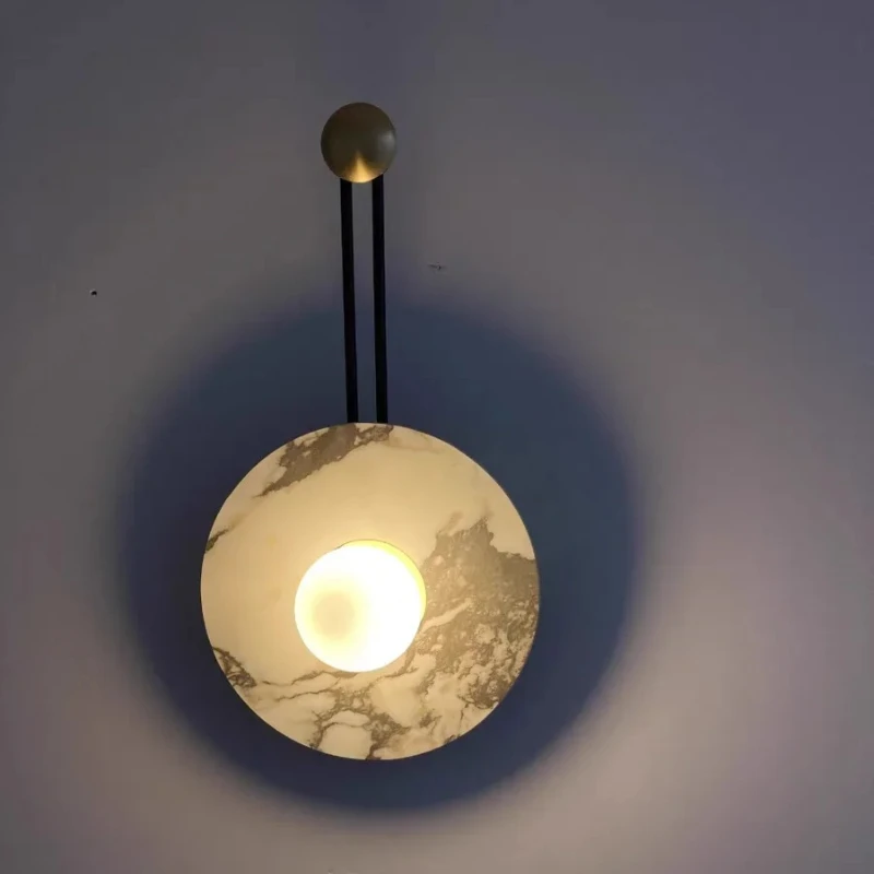 

Modern Light Luxury Black Iron LED Wall Lamp Hallway Living Dining Room Decor Round Bulgari Marble White Glass Stair Light