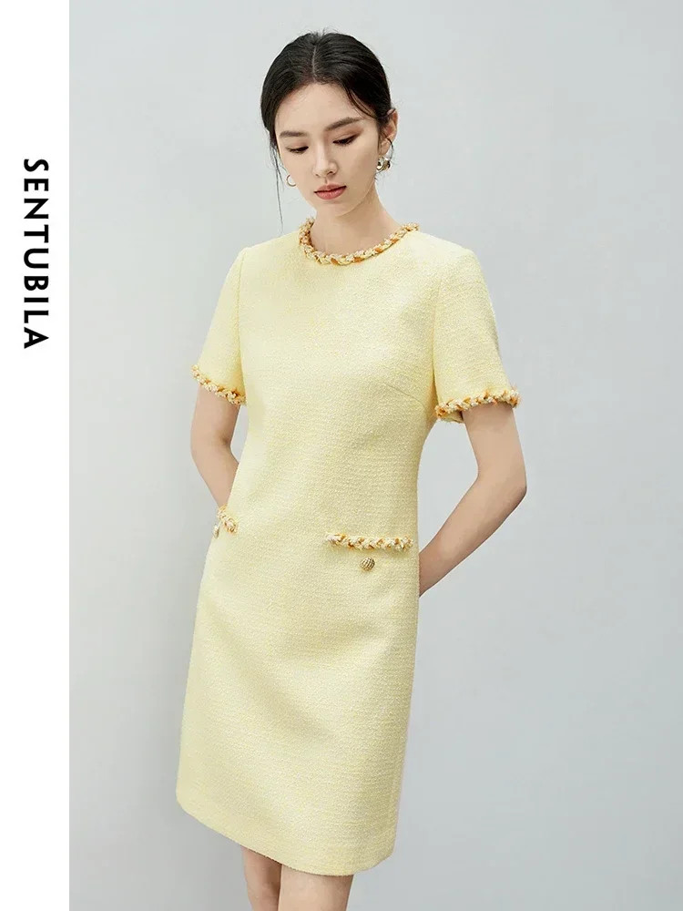 SENTUBILA Short Sleeve Tweed Dresses for Women 2024 Summer Elegant Socialite Fashion Contrast Round Neck Dress Woman 142L54213 - Image 4
