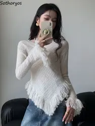 Knitted Pullovers Women Irregular Designed Slim Tassel Gentle Office Ladies Elegant Flare Sleeve Vintage French Sweaters Popular