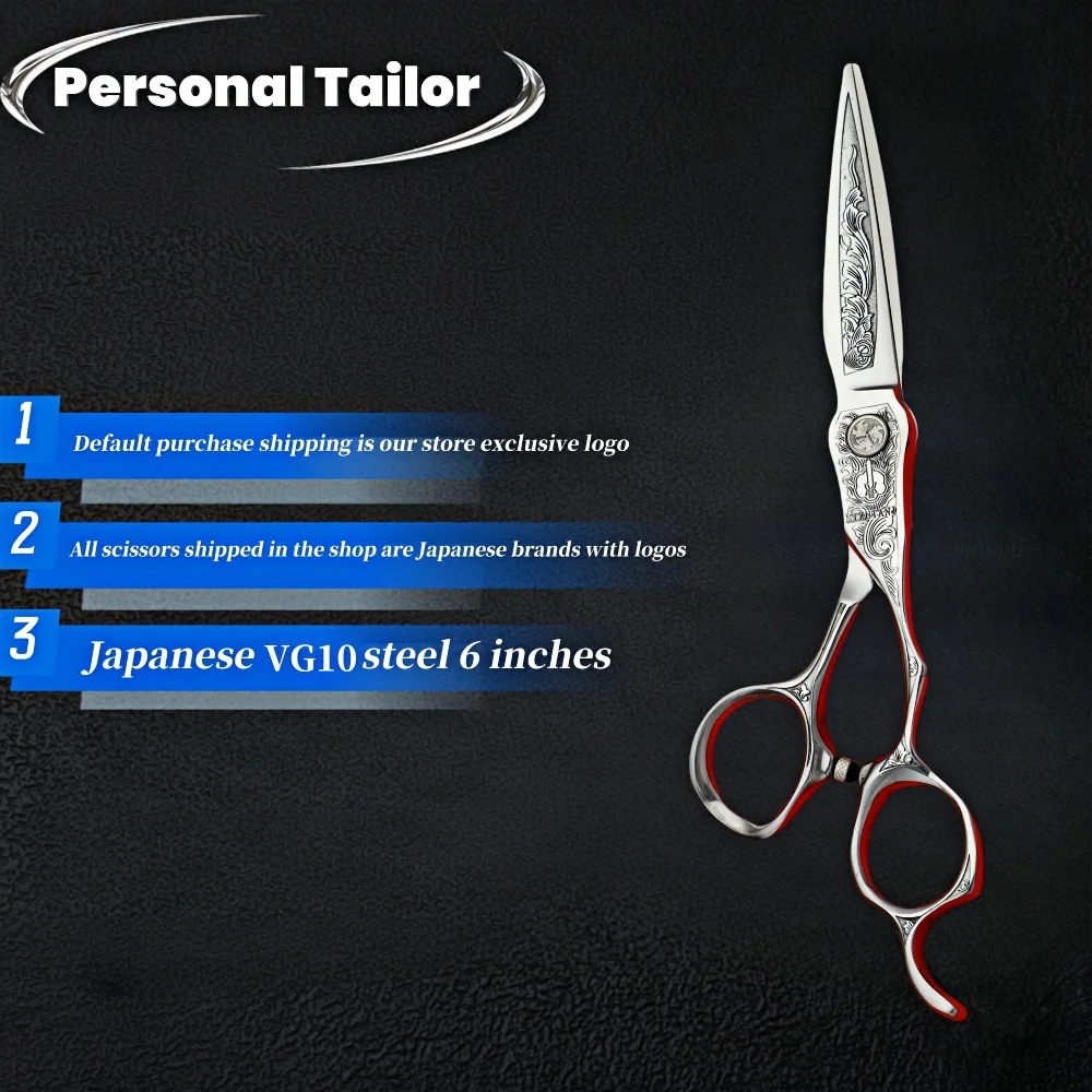 

Professional barber scissors vg10 steel 6 inches 3D carved handle Comb accessories included in outer package Salon Tools