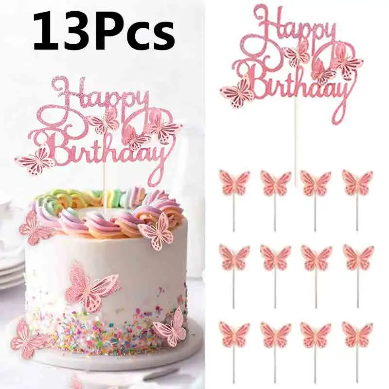 13 Stuks 3d Vlinder Cake Toppers Schattige Roze Vlinder Cake Topper Voor Prinses Meisjes Douche Bruiloft Verjaardagstaart Vlaggen Decoratie