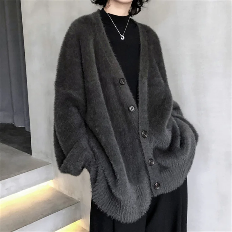 Women\'s Faux Mink Velvet Sweater Coat New Lazy Wind Outer Wear Loose V-neck Knitted Cardigan