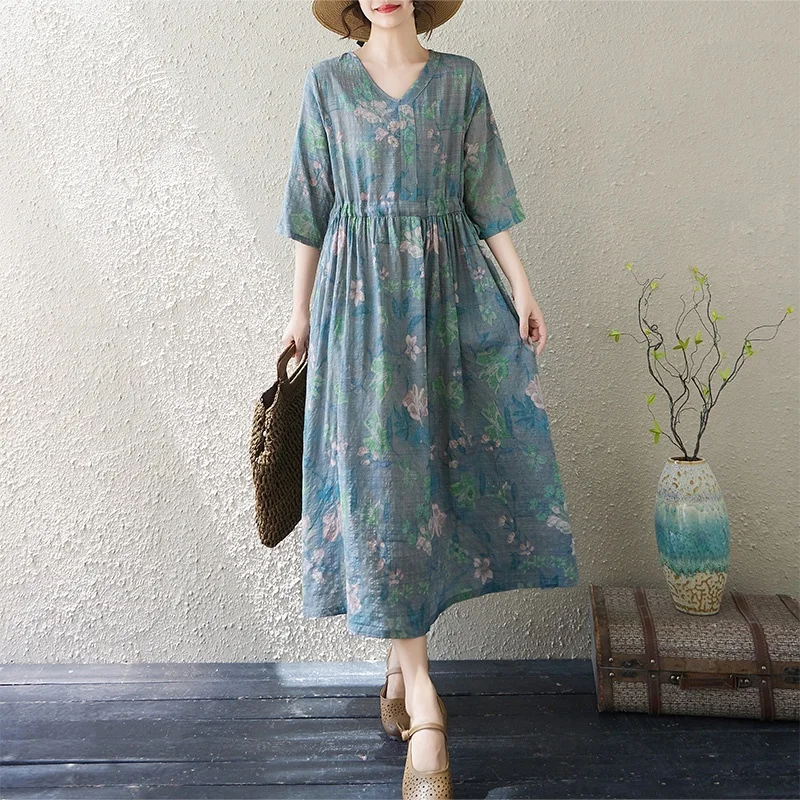 레트로 헴프 드레스 여성용 브이넥 허리 조임 코튼 린넨 스커트 미디 길이 여름 젠 퓨어 티웨어 예술적 프린트 로브
