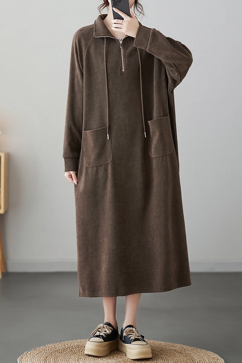 Plus size f mole vestido enssado solto emaecimento cor pura estilo casual outono inverno moda design coreano