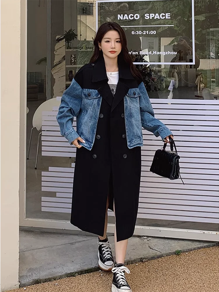 Trench Coat Women 2023 Spring New Large Size Windbreaker Fashion Splicing Denim Long Student Casual Trench Coats Femme Saco