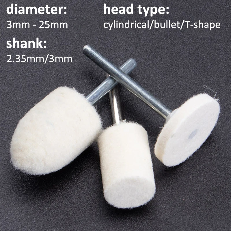 

5pcs OD 3-25mm Wool Grinding head Felt Mounted Polishing Buffing Wheel 2.35/3mm Shank For Dremel Drill Rotary Tools