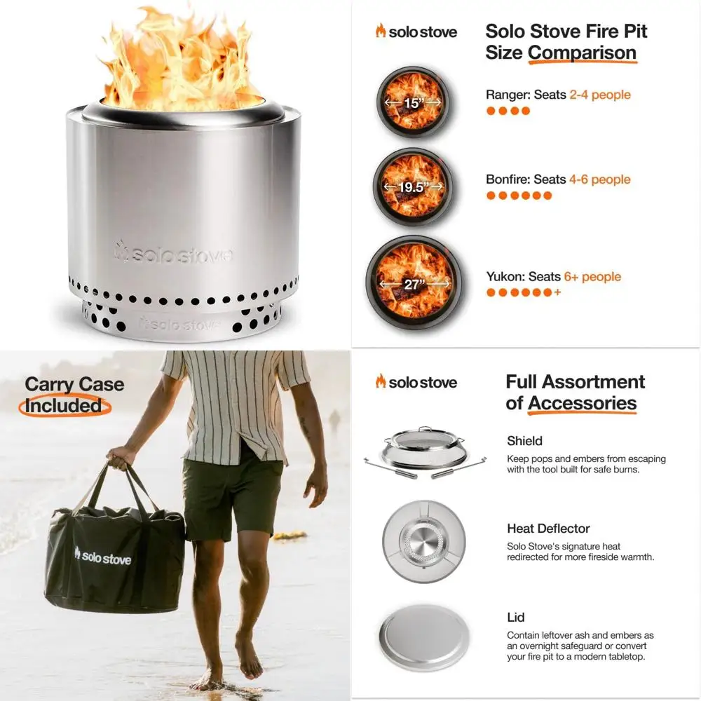 

Portable Outdoor Fire Pit - 15 Inch Smokeless Solo Stove Ranger 2.0 with Stand, Lightweight Fireplace, Removable Ash Pan, Compac