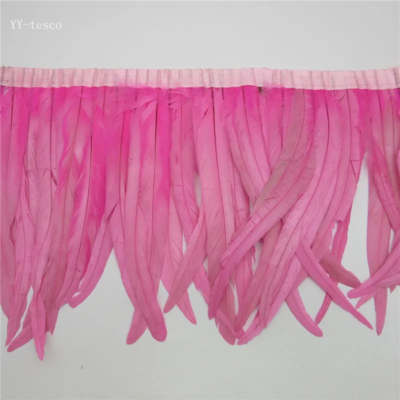 

wholesale 10 yards long Pink high quality natural rooster feather trims trimming with Satin Ribbon 30-35cm for women skirt