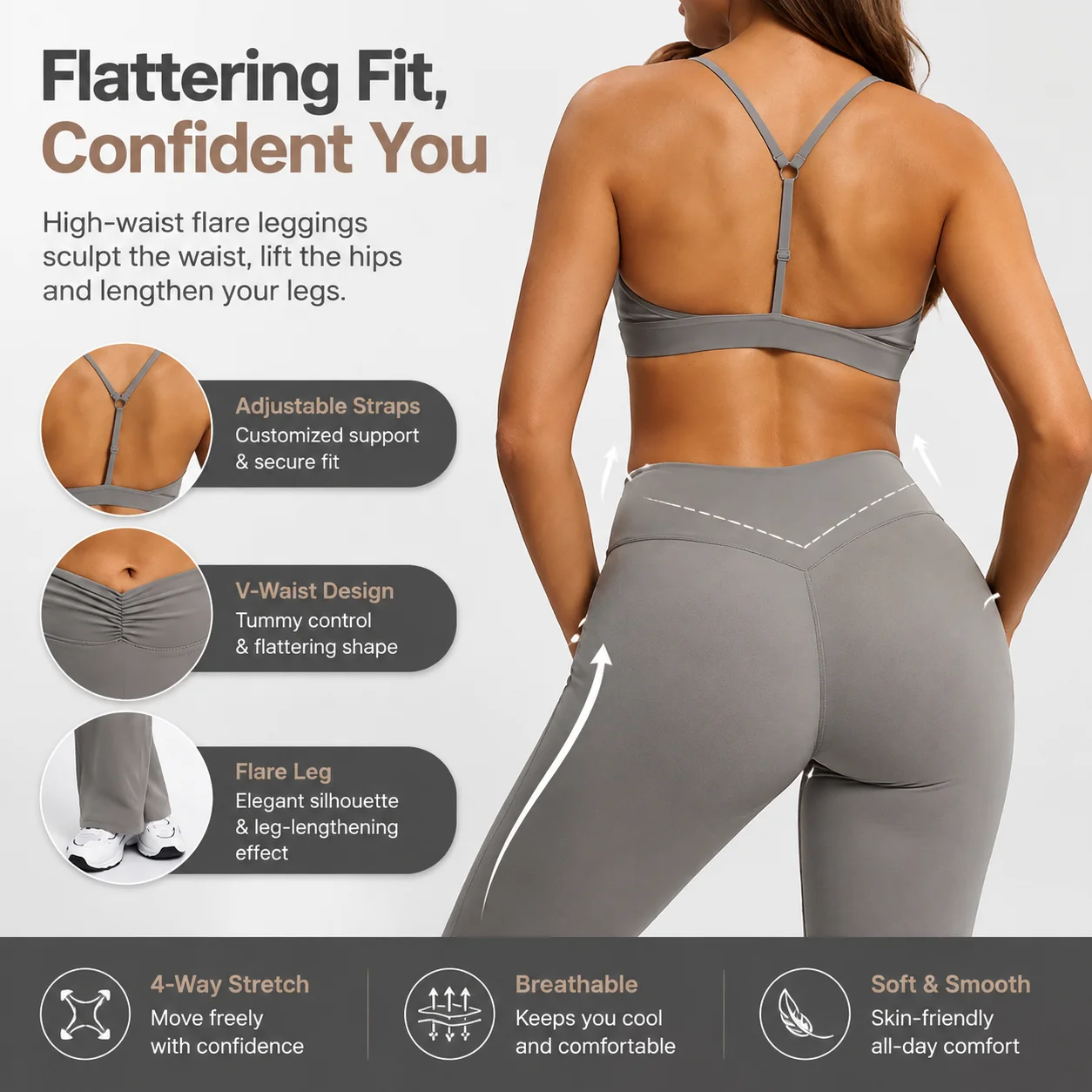 Women's V-Neck Sports Bra & V-Waist Flare Leggings Set - Adjustable Strap Sculpting Yoga Gym 2-Piece Suit, Multiple Colors, S-XL