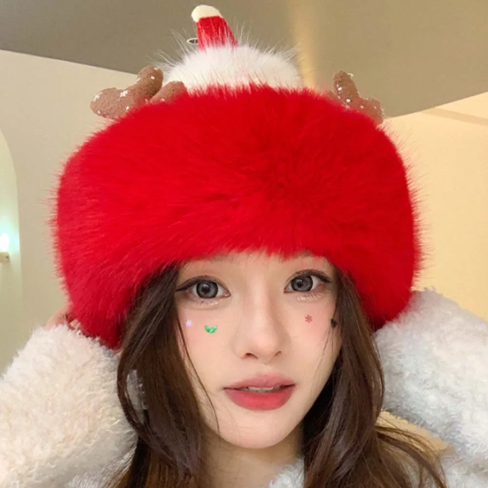 

Versatile Soft Christmas Plush Cap Windproof Antlers Red Knitted Woolen Hat Big Eyes Snowflake Big Pullover Hat Winter